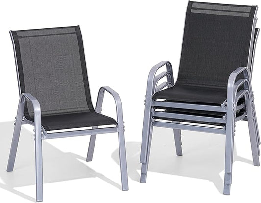Patio Chairs Set of 4, Easily Set Up Stackable Outdoor Dining Chairs with High Back and Wide Seat, All Weather Breathable Outdoor Chairs Set of 4 with Metal Frame for Backyard Deck Pool, Black