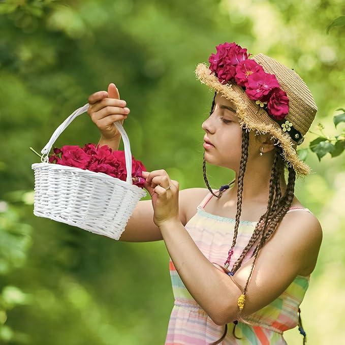Barydat 6 Pcs Small Wicker Picnic Basket with Handle Flower Girl Baskets Oval Willow Woven Braided Gift Basket for Easter Weddings Baby Shower Home Garden Decor (White,12'' x 9'' x 5'')