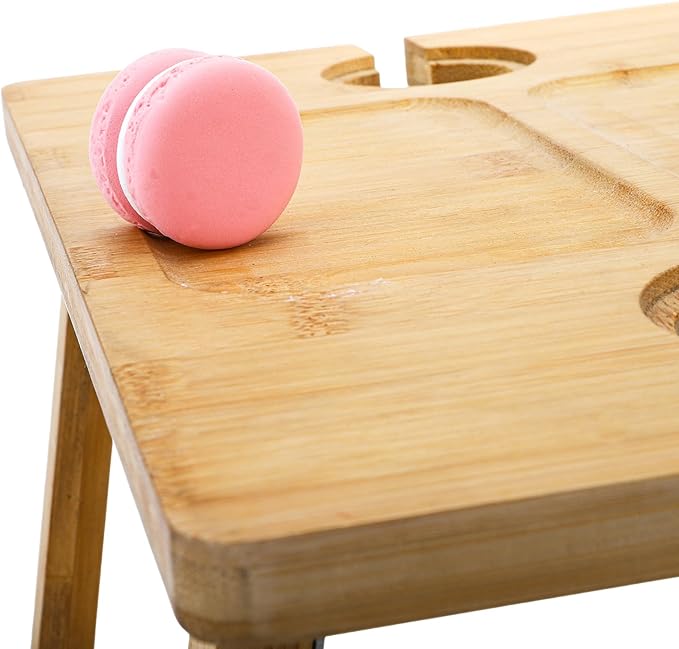 Peohud Portable Wine Picnic Table, Foldable Champagne Picnic Snack Table Tray, Wooden Outdoor Picnic Table with Glass Holder for Park, Beach, Camping, Bed, Wine Lover Gift