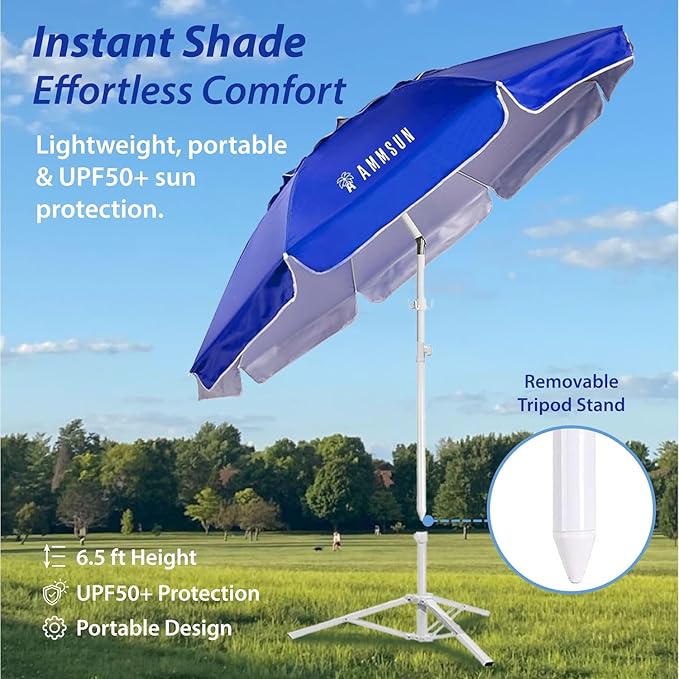 AMMSUN Shade Umbrella, Premium Portable Umbrella with Stand, 6.5ft Lightweight Free Standing Canopy for Sporting Games, Adjustable Instant Sun Protection and Easy to Carry, Blue