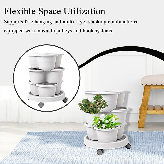 Stackable Planter - Vertical Garden Tower Stackable Planter | Vegetable Tower, Container with Removable Wheels & Tool Kit, Flower Pots Plant Growing System for Indoor Outdoor