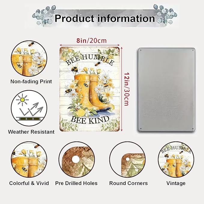 Vintage Metal Tin Sign Inspirational Quotes Wall Decor "BEE HUMBLE BE KIND" Retro Wall Art for Home Outdoor Office Coffee Shop Cafe (8x12 Inch)