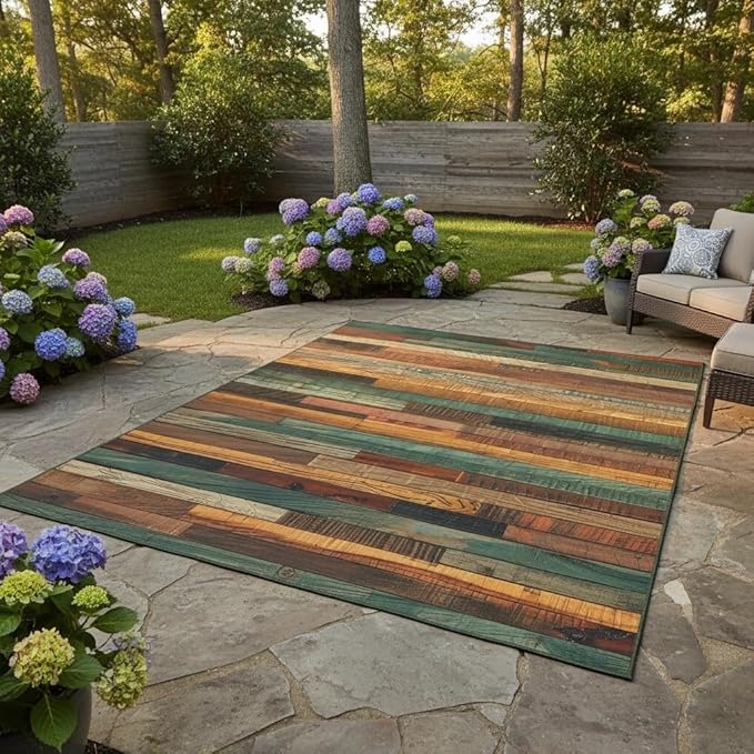 Retro Natural Brown Green Orange Wood Slats Outdoor Rug for Patio Deck Backyard Garden Front Porch Rustic Wood Grain Print Rugs Breathable Waterproof Washable Outdoor Carpet 7x10 Anti Slip Mat