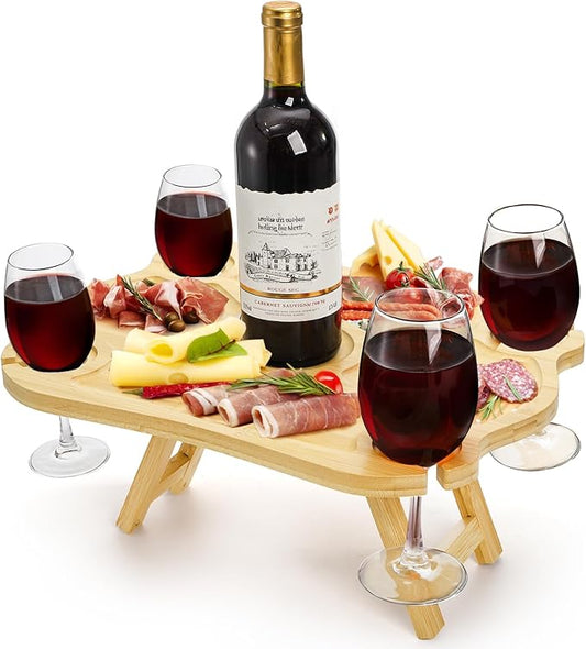 Yesland Portable Picnic Table, Foldable Champagne Picnic Snack Tray, Collapsible Wooden Outdoor Camping Table with Wine Glasses Holder for Park, Beach, Bed, Road Trip, Wine Lover Gift