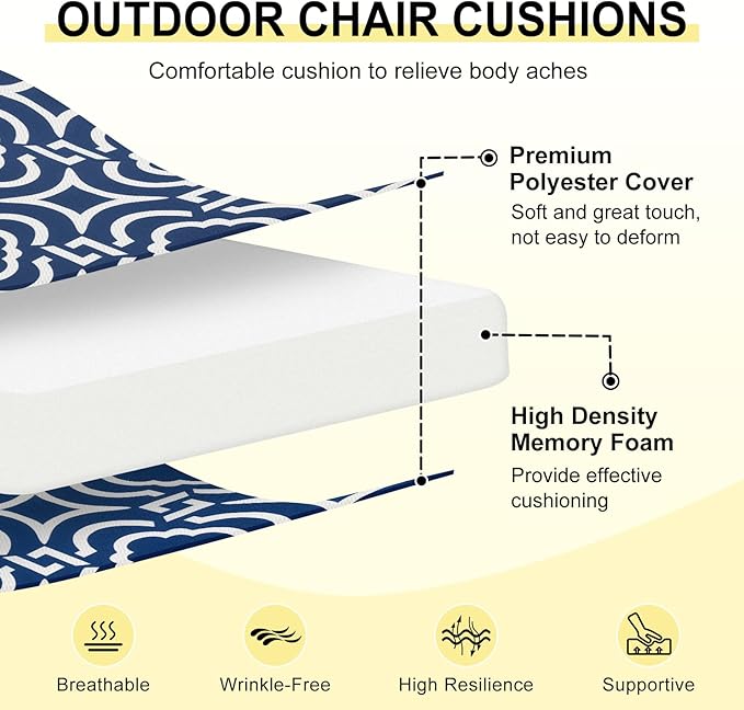 downluxe Outdoor Chair Cushions Set of 4 for Patio Furniture, Water-Resistant Square Corner Patio Chair Cushions with Ties, High Density Foam Outdoor Seat Cushion, 18.5" X 16" X 3", Circular Geometry