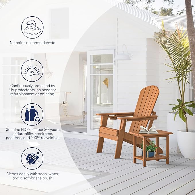 Plawdlik Folding Adirondack Chair Set of 2,Cup Holder,SGS Tested, Wooden Textured,Heavy All-Weather HDPE Comfortable Set,Poolside Backyard Lawn Use,Teak