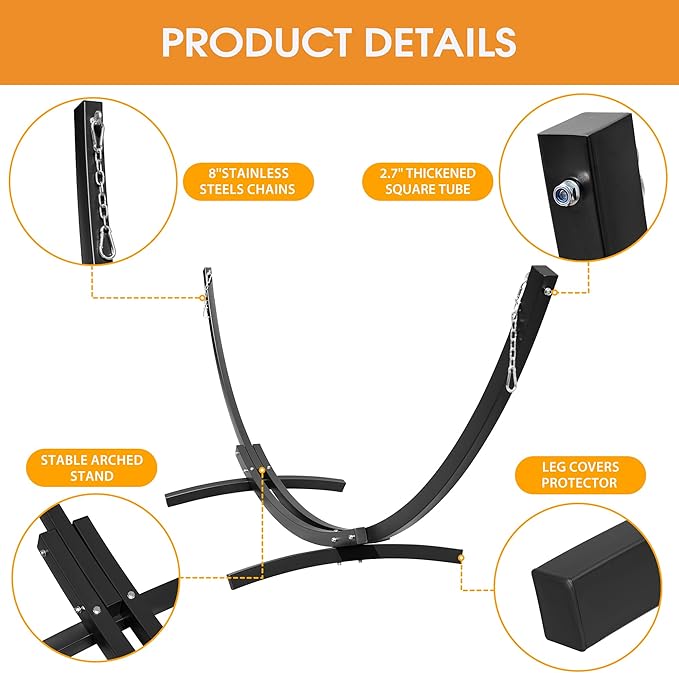 Lazy Daze Hammocks 12 Ft Heavy Duty Steel Arc Hammock Stand with Carabiner and Chain, 2 Person Weather-Resistant Curved Stand for Outside, Backyard, Patio, 500 Lbs Capacity, Black