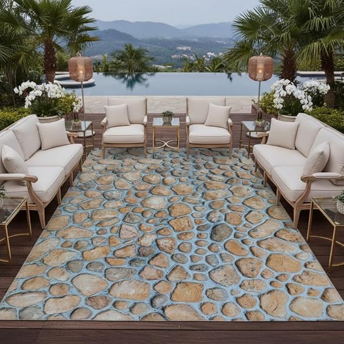Blue Beige Brown Pebbles Modern Farmhouse Outdoor Rugs 2x6 Natural Non Shedding Waterproof Thin Cozy Beach House Carpets for Patios Poolside Balcony Backyard Deck Porch Low Pile Floor Mats