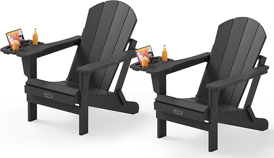 SERWALL Foldable Adirondack Chair Set of 2, Adirondack Chairs with 4 in 1 Multi-Functional Cup Holder, Weather Resistant Plastic Chair for Patio Garden Outdoors Fire Pit-Blue