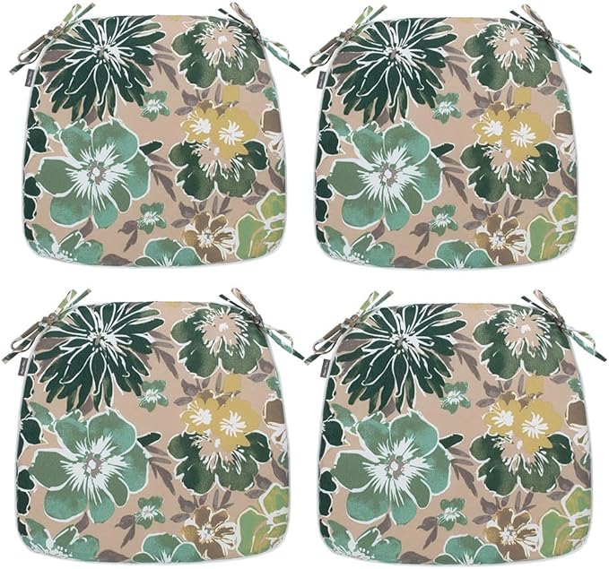 Magpie Fabrics 17"x16"x2" U-Shape Chair Cushions with Ties 4 Count, Outdoor Indoor Waterproof All Weather Seat Pads Decoration for Patio Garden Dining Office - Green Floral