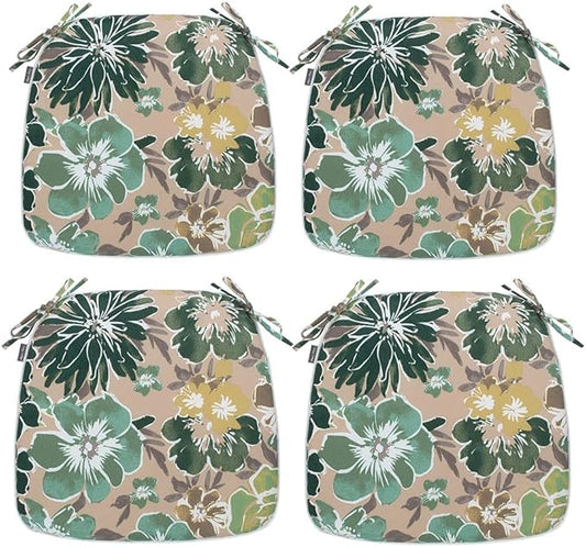 Magpie Fabrics 17"x16"x2" U-Shape Chair Cushions with Ties 4 Count, Outdoor Indoor Waterproof All Weather Seat Pads Decoration for Patio Garden Dining Office - Green Floral