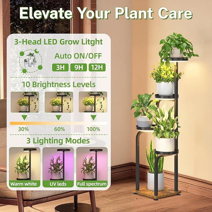 iDavosic.ly Tall Plant Stand Indoor with Grow Light, 4 Tier Corner Multiple Flower Holder Shelf with Metal Trays, Space Saving Display Rack for Living Room Balcony Patio Porch | Black & Brown