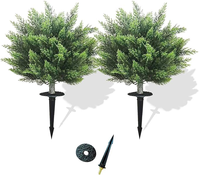 28inch Artificial Topiary Tree Set of 2 Beautiful Realistic Faux Cedar Pines Christmas Trees UV Rated Fake Shrubs for Front Porch Faux Plants Indoor and Outdoor Decor