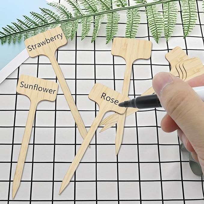 60Pcs Bamboo Plant Tags (6 x 18 cm) T-Type Plant Tags with A Marker Pen, House Plant Labels Garden Markers for Bamboo, Herb, Vegetable