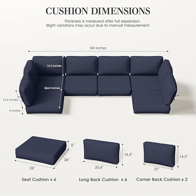Outdoor Replacement Cushions for Patio Furniture, 5" Foam High-Density, 14-Piece Water-Resistant Outdoor Cushion for 6-Seat Sectional Patio Conversation Sets, Liner&Cover