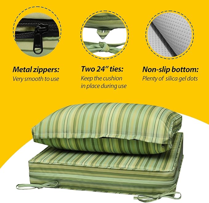 AAAAAcessories Outdoor Seat Cushions for Chairs, Fade-Resistant, Waterproof Patio Furniture Replacement Cushions, 25.5" x 25.5" x 5" + 25.5" x 13.5", Set of 4, Mossy Forest Stripe