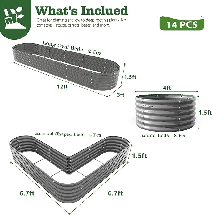 A ANLEOLIFE 14-Piece 18 Inch Tall Raised Garden Beds Kit, Heart-Shaped, Large Oval & Round Metal Planters – Ideal for Backyard Vegetables Flowers Herbs, Quartz Grey