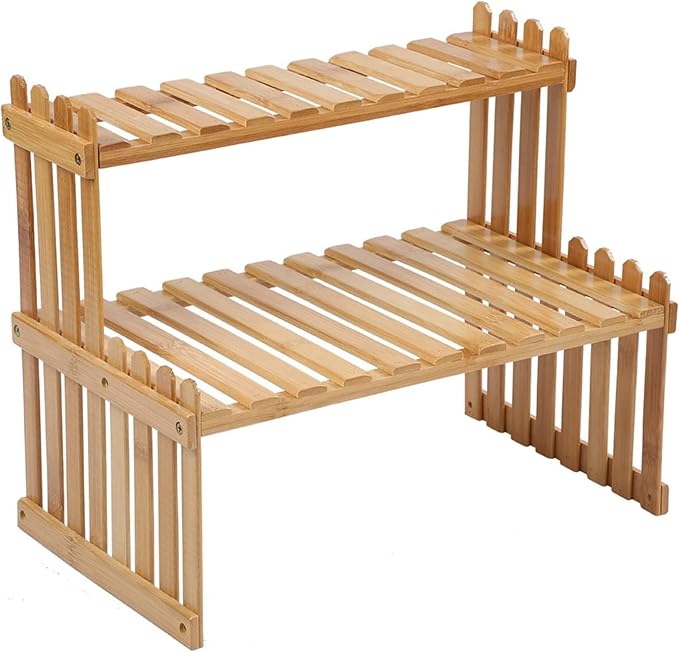 14.6"/18.5" 2 Tiers Bamboo Plant Stand Shelf,Desk Flower Pot Holder,Adjustable Desktop Shelf Display Organizer Ladder Rack for Office Decorate Storage Rack,Kitchen Rack (18.5" Length)