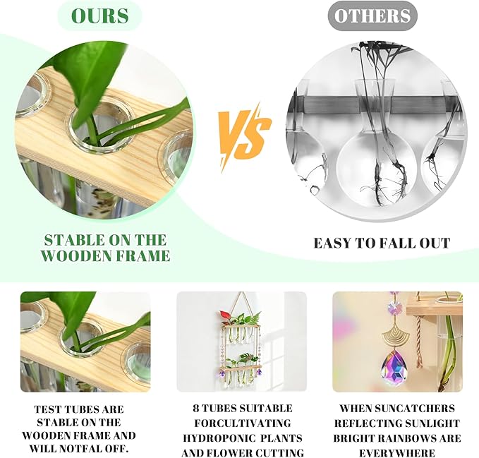 Hanging Propagation Stations with Crystal Suncatchers Glass Wall Planters for Indoor Plants Hydroponics, 2 Tiered Wooden Stand Mini Test Tube Flower Vase Glass Planter Stations for Home Decor (Beige)