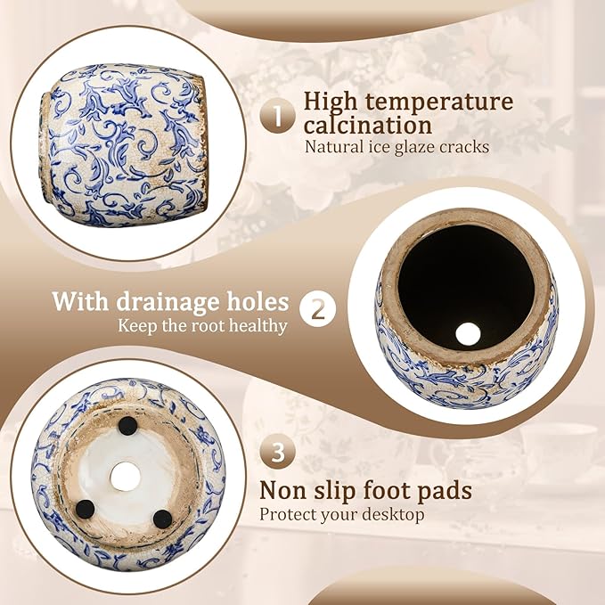 Vintage Ceramic Flower Pot with Ice Crackle Rustic Planter with Drainage Holes for Indoor and Outdoor Decor Home Living Room Garden Decor Gardening Gift(Vintage Style)
