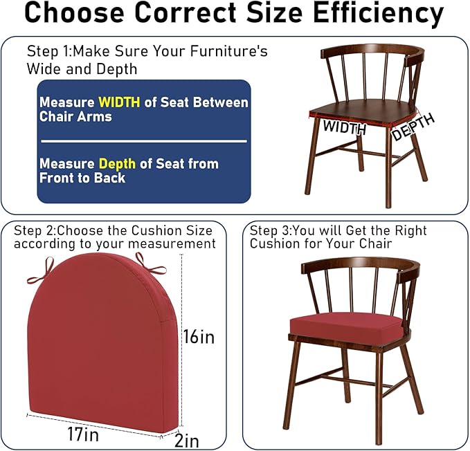 Topotdor Outdoor Chair Cushions Set of 2, 17"x16"x2" Waterproof Patio Chair Cushions for Outdoor Furniture, Round Corner Outdoor Seat Cushions Color Fastness Chair Pads with Ties, Bright Red