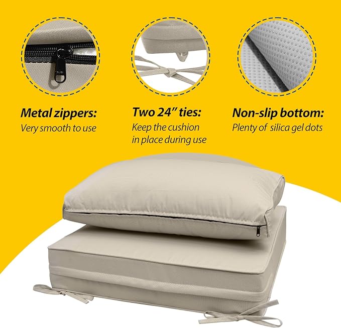 AAAAAcessories Outdoor Seat Cushions for Chairs, Fade-Resistant, Waterproof Patio Furniture Replacement Cushions, 25.5" x 25.5" x 5" + 25.5" x 13.5", Set of 4, Beige