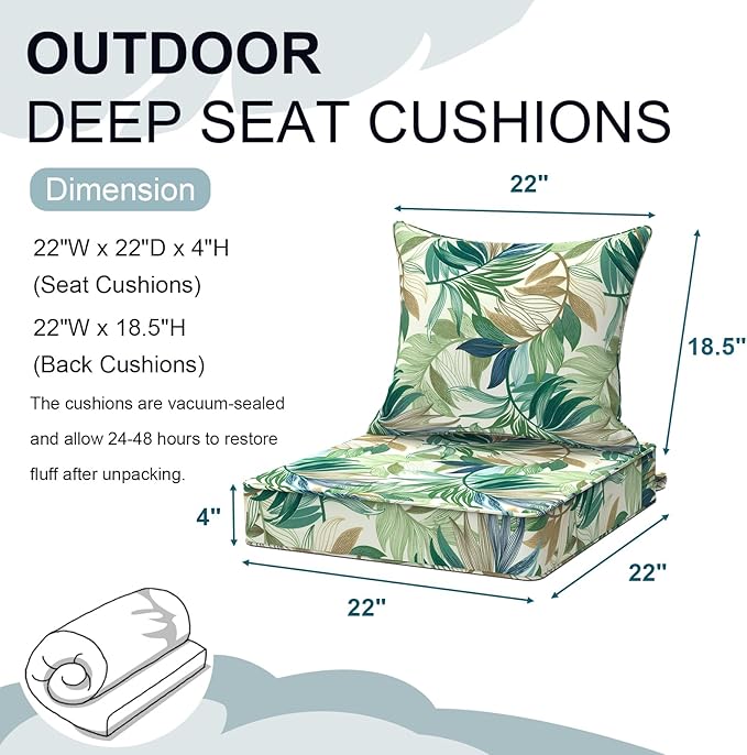 Outdoor Deep Seat Cushion Set, Water Repellent 22"x22" Patio Thick Cushions Replacement with Seat & Back Pillow for Patio Sofa, Wicker Chair, Couch - Lush Leaf Green