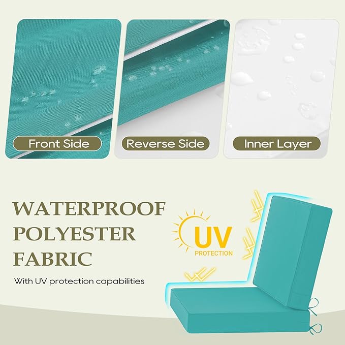 Wellsin Outdoor Cushions for Patio Furniture, Waterproof Outdoor Seat Cushions with Ties and Handle, Outdoor Cushions 24 X 24, Outdoor Deep Seat Cushions with Removable Cover, Teal