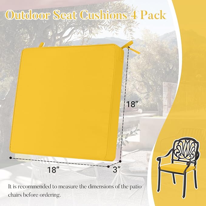 Basic Beyond Outdoor Chair Cushions for Patio Furniture, Waterproof Outdoor Seat Cushions Set of 4 18 x 18, Patio Chair Cushions Set of 4 with Ties and Handle, Yellow