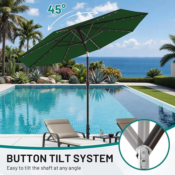 AreShark 9FT Patio Umbrella with Solar Lights, 32 LED Lighted Pool Umbrella w/Tilt and Crank, Outdoor Market Solar Umbrellas for Garden, Deck, Backyard, Pool and Beach, Dark Green