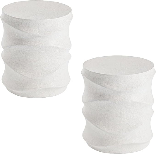 SUNBURY Outdoor Side Tables Set of 2, 18" H Concrete Accent End Table Streamlined, Small Round Cement Plant Stands Table, Decorative Garden Stools for Backyard, Spotted White