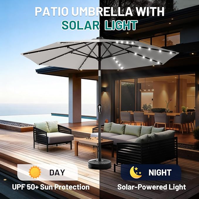 AreShark 9FT Patio Umbrella with Solar Lights, 32 LED Lighted Pool Umbrella w/Tilt and Crank, Outdoor Market Solar Umbrellas for Garden, Deck, Backyard, Pool and Beach, Light Gray