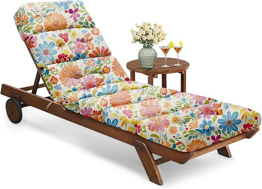 All Weather Chaise Lounge Cushions Outdoor Lounge Chair Cushion, Waterproof Memory Foam Chaise Lounger Chair Cushion for Outdoor Patio Furniture with Non-Slip Back and Ties, Colorful Daisy