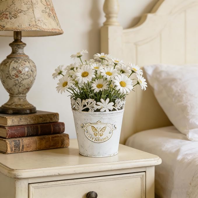 Set of 3 Vintage French Country Planters, Distressed White Metal Flower Pots with Lace Cutout Rim, Le Jardin Embossed Plant Pots for Succulents, Herbs, Indoor Outdoor Home Garden Decor
