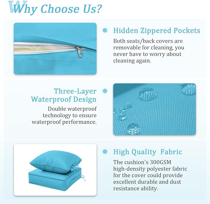 Outdoor Patio Chair Cushions Set 19 L X 19 W X 4 H Inch Waterproof & Fade Resistant Deep Seat and Back Cushions with Removable Covers Outdoor Seat Cushion Set for Chairs and Sofas