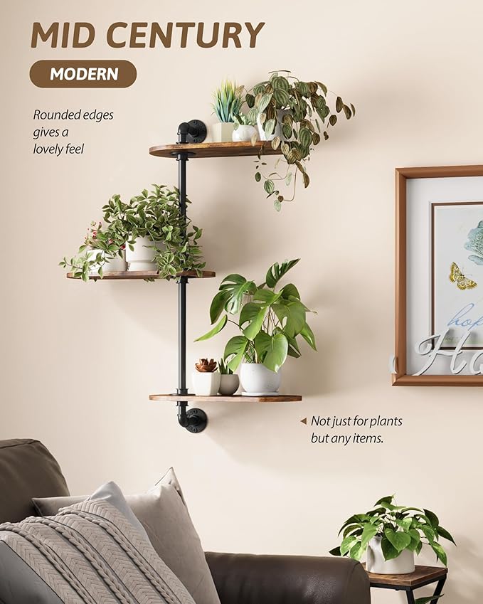 Window Plant Shelves 3-Tier Rotating Plant Stand Industrial Window Plant Shelf Wood Wall Mount Decorative Enhanced Indoor Plants Light Exposure Gift Idea for Plant Lovers