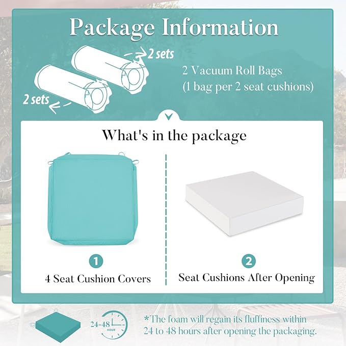 Basic Beyond Outdoor Chair Cushions for Patio Furniture, Waterproof Outdoor Seat Cushions Set of 4 18 x 18, Patio Chair Cushions Set of 4 with Ties and Handle, Teal