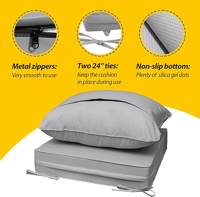 AAAAAcessories Outdoor Seat Cushions for Chairs, Fade-Resistant, Waterproof Patio Furniture Replacement Cushions, 25.5" x 25.5" x 5" + 25.5" x 19", Gray
