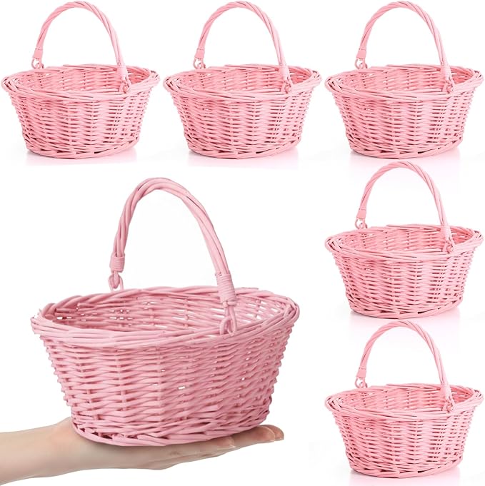 Barydat 6 Pcs Small Wicker Picnic Basket with Handle Flower Girl Baskets Oval Willow Woven Braided Gift Basket for Easter Weddings Baby Shower Home Garden Decor (Pink,9" x 7" x 4")