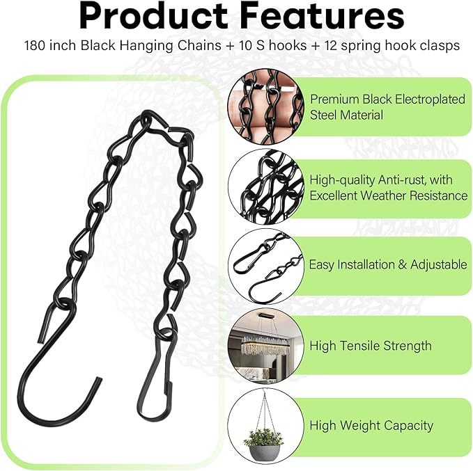 Upgraded 180”Heavy Duty Metal Hanging Chains with Hanging Basket Hooks Set for Planters,Birdcage,Birds Feeder,Grow Lights,Lanterns,Billboards,Wind Chime and Ornaments,Chain Hooks DIY,Black