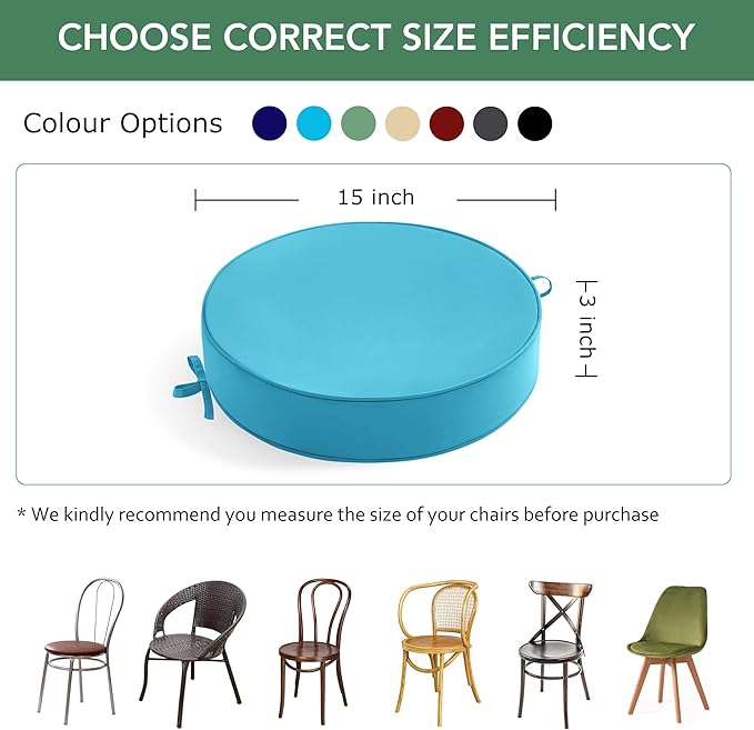 Outdoor Bistro Chair Cushions Set of 2, 15" D x 3" H Round Chair Cushions Waterproof and Fade Resistant Chair Cushion Pads with Non-Slip Ties and Removable Covers for Garden, Teal
