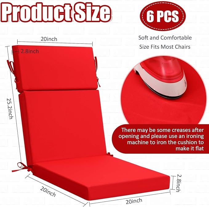 6 Pack Outdoor High Back Chair Cushion, 44 x 20 inches Patio Chair Cushions Waterproof Rocking Cushions Indoor Furniture Seat Pad, Weather Resistant (Solid,Red)