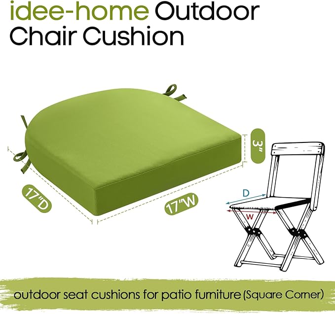 idee-home Thick 17" x 17" x 3" Patio Chair Cushions Set of 2, Waterproof with Ties, Seat Cushions for Outdoor Furniture, Dining Chair Pads Green