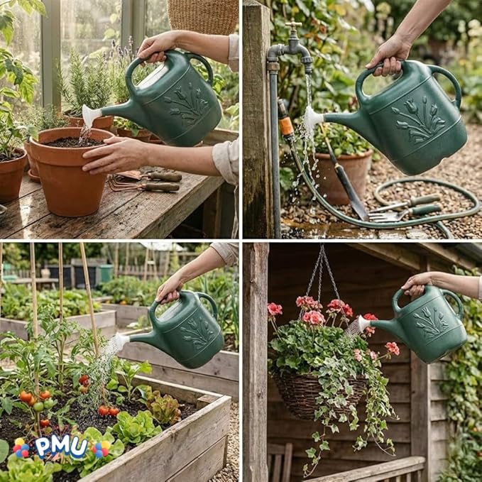 PMU 2 Gallon Watering Can - Garden Watering Can for Indoor & Outdoor Plants - Plastic Water Can with Detachable Sprinkler Head - Large Water Pot, Made in USA - Hunter Green Pkg/12