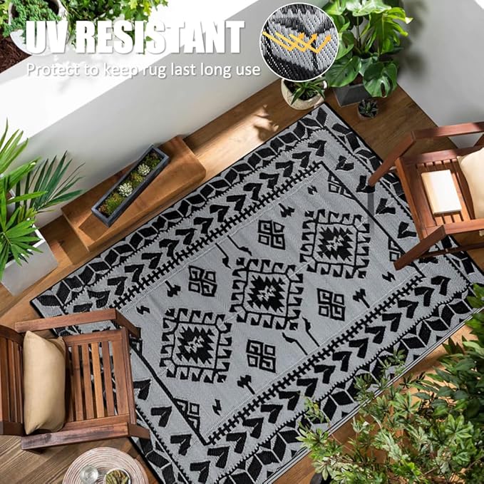 Pendolr Outdoor Rug 9’x12’ for Patios Clearance Waterproof Carpet Large RV Rugs Camping Rug Reversible Outside Rug for Patio Balcony Deck Backyard Picnic Beach Black&Gray 04#