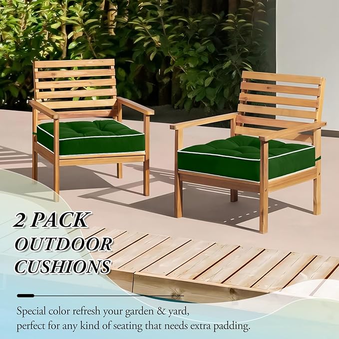 Wellsin Outdoor Chair Cushions Set of 2, Patio Cushions for Outdoor Furniture, Tufted Waterproof Outdoor Chair Pads, 19 x 19 Inch, Forest Green