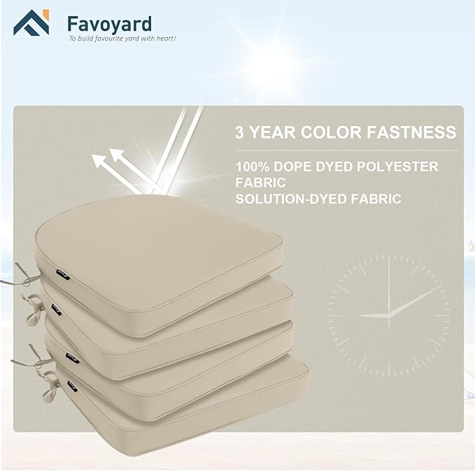 Favoyard Outdoor Chair Cushions 17"x16"x2" Set of 4 Waterproof Seat Cushion for Patio Furniture with 3-Year Fade Resistant Removable Cover Attach Straps Hidden Zipper Round Corner for Yard Garden