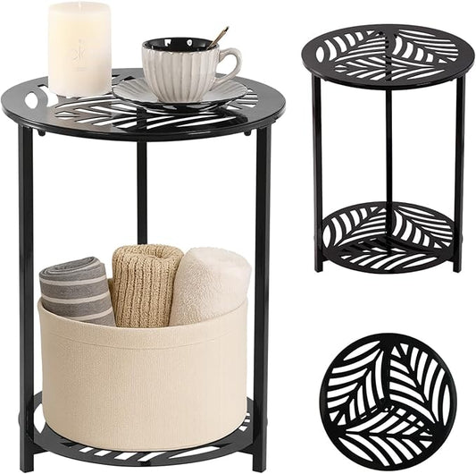 13" Two-tiered Metal Round Side Tables Small Black Outside End Table for Patio Round Accent Garden Corner Stand for Small Spaces Weather-resistant Outdoor Coffee Table for Balcony Porch Plant Stand