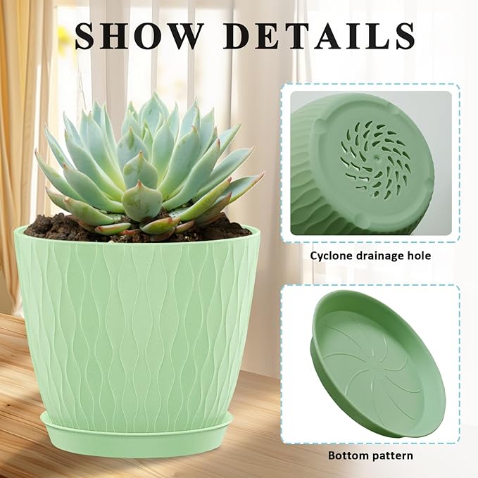 Plastic Flower Pots, 5 Pack 6 inch Indoor Plant Pots Planters for Outdoor Plants Flowers Garden Patio Home Nursery Decor Gifts,Large Succulent Pots with Drainage Tray Saucer & Hole Green