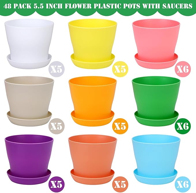 48 Pack Plastic Planters 5.5 Inch Flower Plant Pots Indoor Set Thickened Seedling Nursery Pots Seed Starting Pots with Drainage Holes Saucers Mini Garden Tool for Home Office Garden, Multicolor